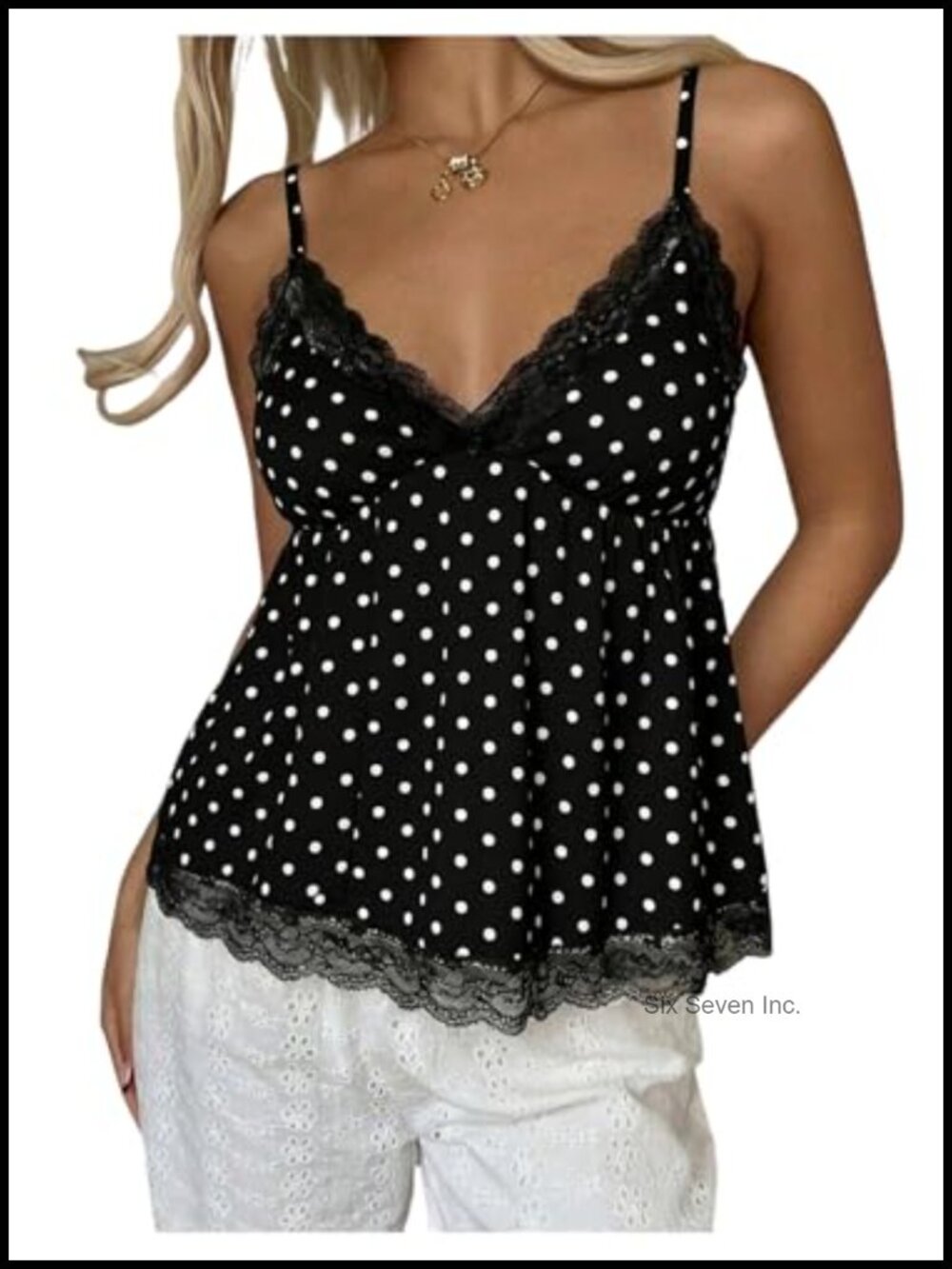 Lace Polka Dot Babydoll Cami Top Deep V Spaghetti Strap Ruffle Hem